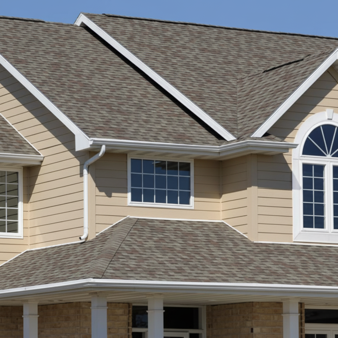 Close-up view of a residential home featuring new architectural asphalt shingles installed with clean, professional detail.